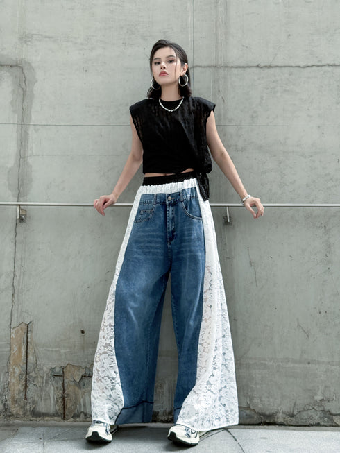 Lace Contrast Wide Denim Pants